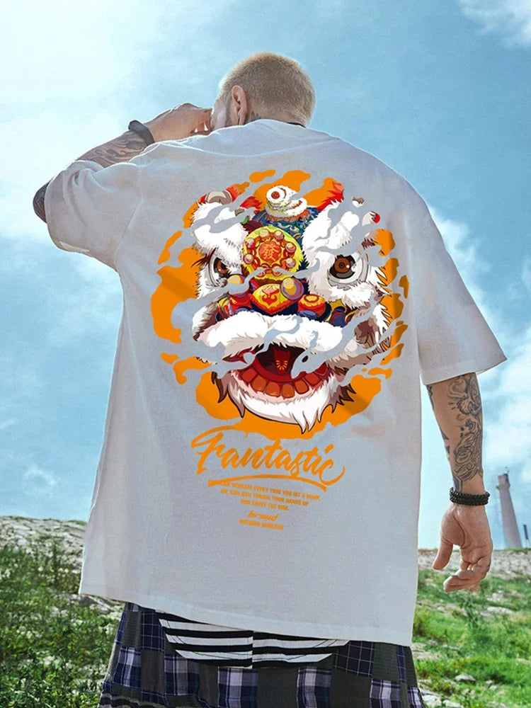 Gothic Barcode glitch – Funny Dancing Lion Print Man T Shirt Cotton Crewneck