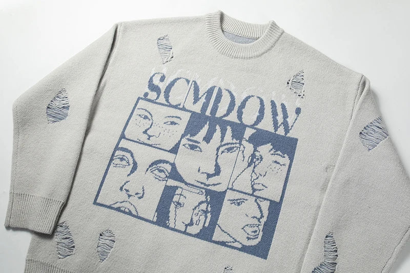 hip hop knitted anime oversized sweater mens ripped sleeve pullover streetwear unisex new casual loose sweaters jumpers knitwear - bold artwork streetwear hoodie, 2025 streetwear drop, Y2K grunge street style