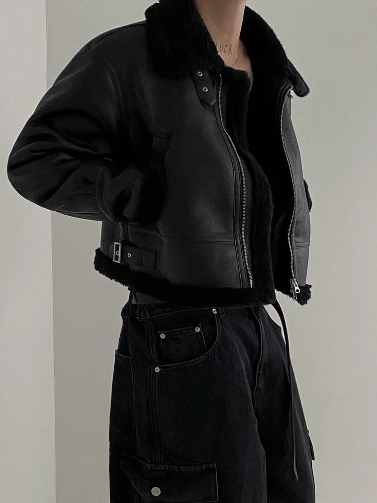 Winter Fur One-piece Cotton-padded Coat Men's Winter Korean-style Loose Suede Deer Leather Lambskin Motorcycle Leather Jacket