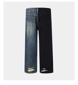 men streetwear fashion black blue splice hip hop loose casual wide leg straight baggy jeans pant cityboy jeans pants trousers unique jeans style 2647