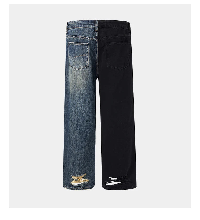 men streetwear fashion black blue splice hip hop loose casual wide leg straight baggy jeans pant cityboy jeans pants trousers unique jeans style 2647