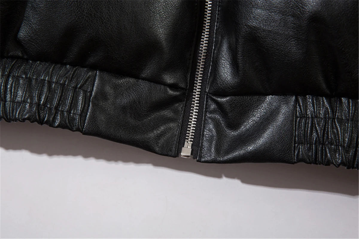 Men Waterproof Warm Jacket Winter Vintage PU Leather Parkas Embroidery Letter Thick Padded Coat Streetwear Hip Hop Loose Parka
