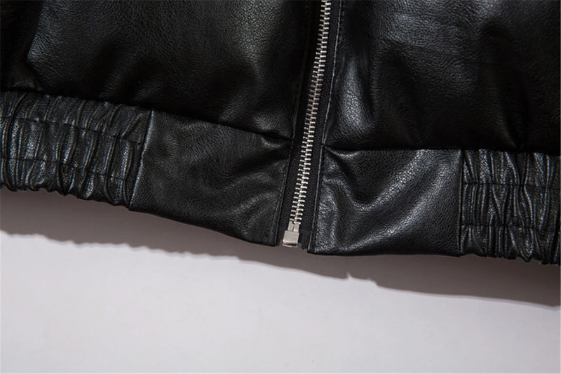 Men Waterproof Warm Jacket Winter Vintage PU Leather Parkas Embroidery Letter Thick Padded Coat Streetwear Hip Hop Loose Parka
