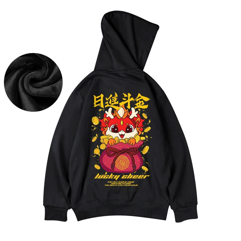 Lucky Cheer Dragon Printed Hoody Man Y2K Streetwear Clothes Fleece Hip