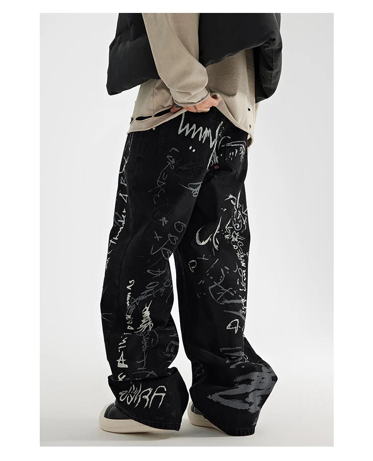 fashion graffiti printed denim jeans men unisex casual zipper wide legs straight jeans streetwear hip hop baggy pants joggers unique joggers style 5098