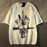 Trapwear Graphic tee – American Retro Cross Wood Pierced Palm Printed Short Sleeved