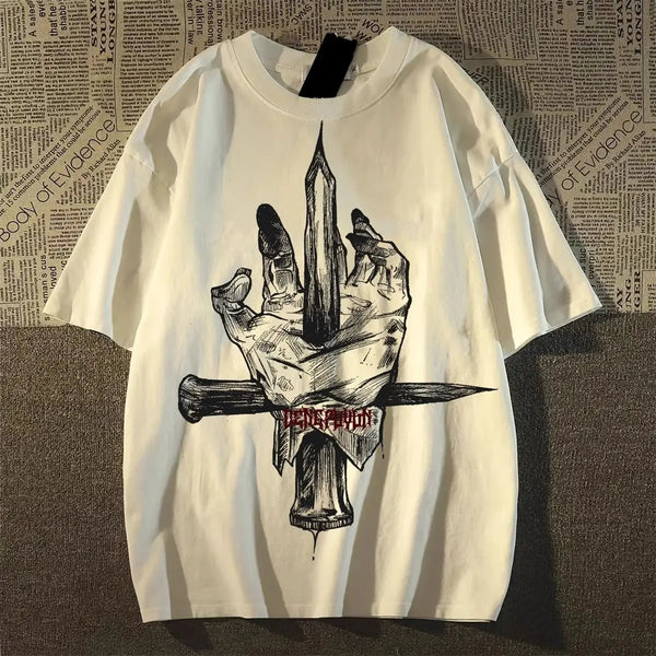 Trapwear Graphic tee – American Retro Cross Wood Pierced Palm Printed Short Sleeved