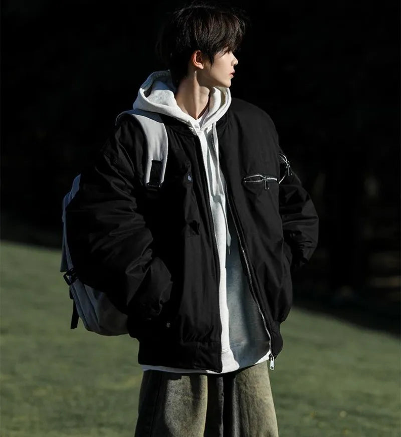 High Street Pilot Cotton Jackets Mens Thickening Winter Tooling Trendy Profile Warm Bomber Coats Unisex Baseball Collar Parkas