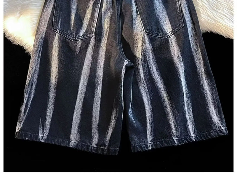American Retro Tie-dye Denim Shorts Male Streetwear Short Jeans Luxury 2024 Summer Korean Fashion Hip-hop Cargo Straight Shorts