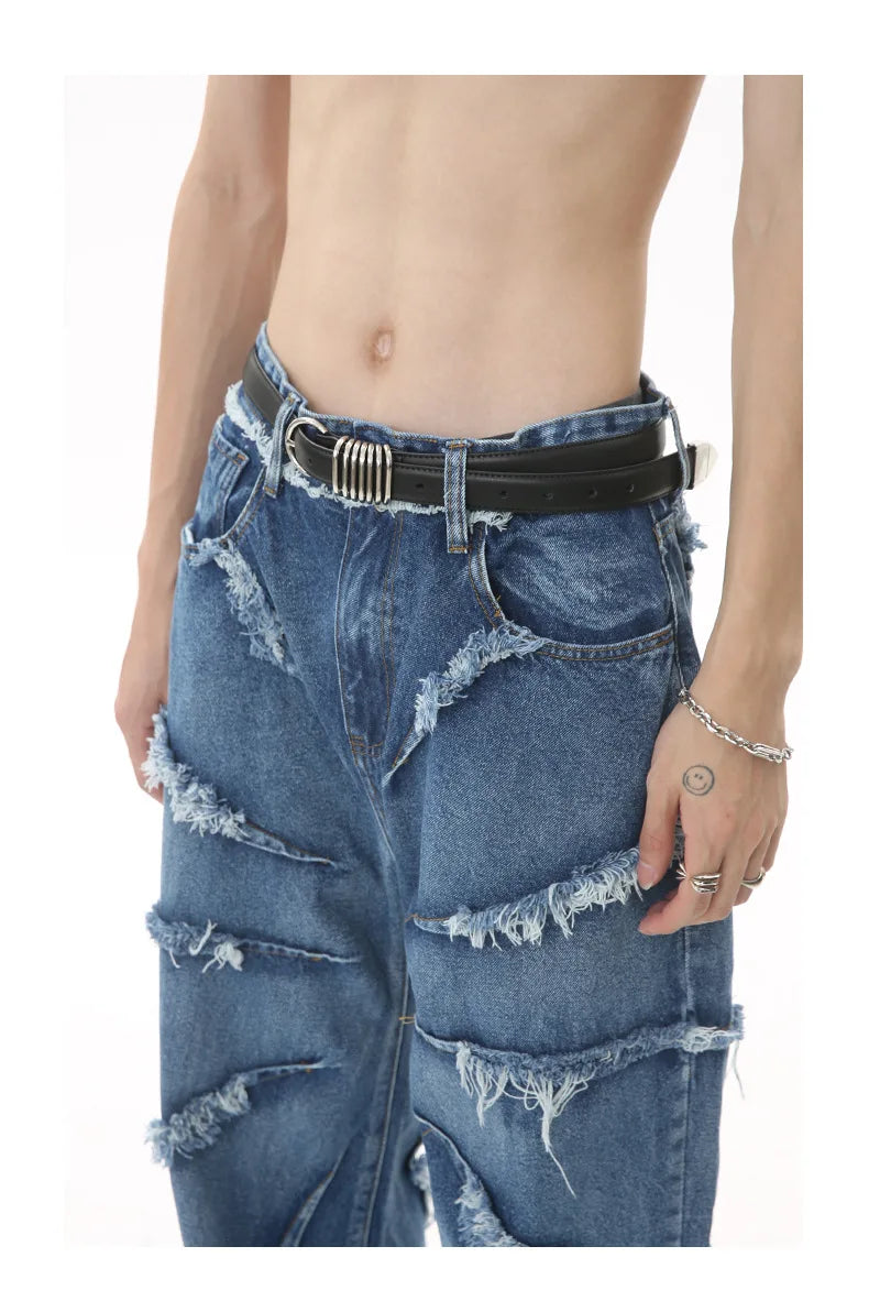 2023 european and american mens jeans new products personality trend hip hop fringed loose wide leg denim trousers unique jeans style 722