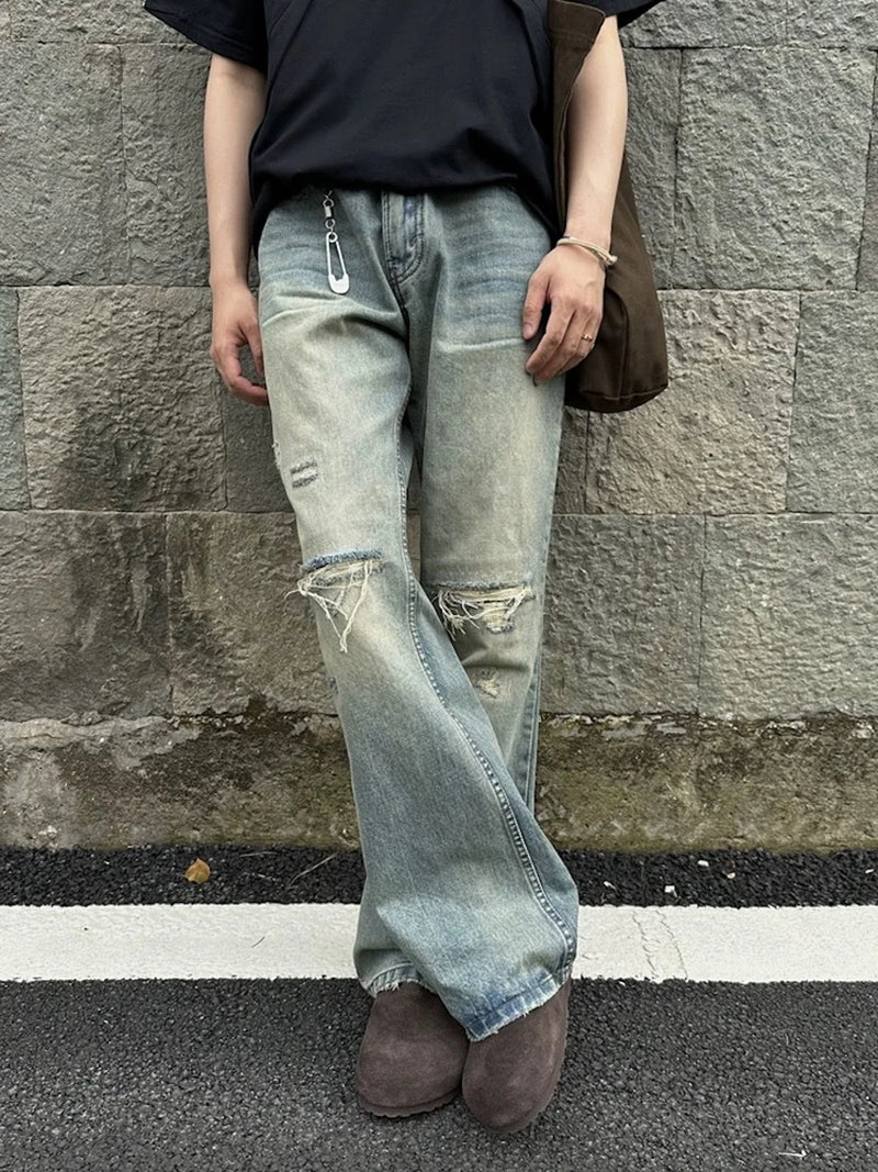 mens vintage ripped jeans distressed hole blue flared jeans trousers luxury designer male denim pants unique jeans style 1629