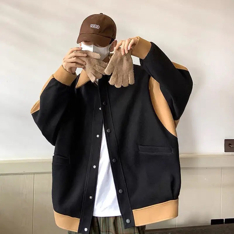 Winter Contrasting Color Splicing Jacket Mens Loose And Versatile Thic