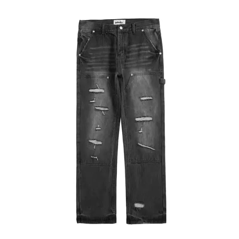 high street distressed black hole washed destroyed jeans casual ripped logging pants straight wide leg denim pants for men vintage washed jeans