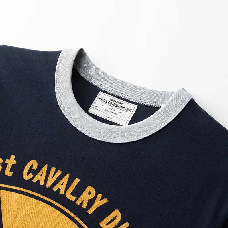 Summer Short Sleeved Men'S Military Retro Cavalry Division Letter Printing Casual Cotton Breathable Color Matching Round Neck