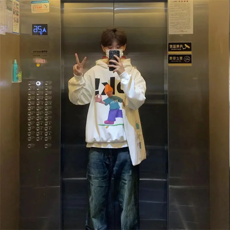 Trendy European American Ins Cartoon Fun Hooded Sweatshirts Men Women in Autumn and Winter Y2K Personalized Hot Couple Jackets
