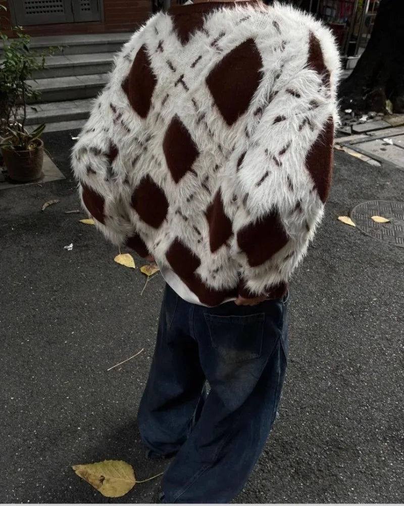 varsity flame knitwear, statement sweater, cozy knitwear for men, oversized grunge aesthetic winter top