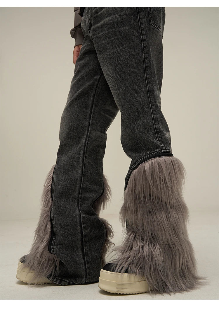 harajuku denim straight jeans men trousers high street zipper detachable fur bottom streetwear casual loose joggers jean pants unique joggers style 3978