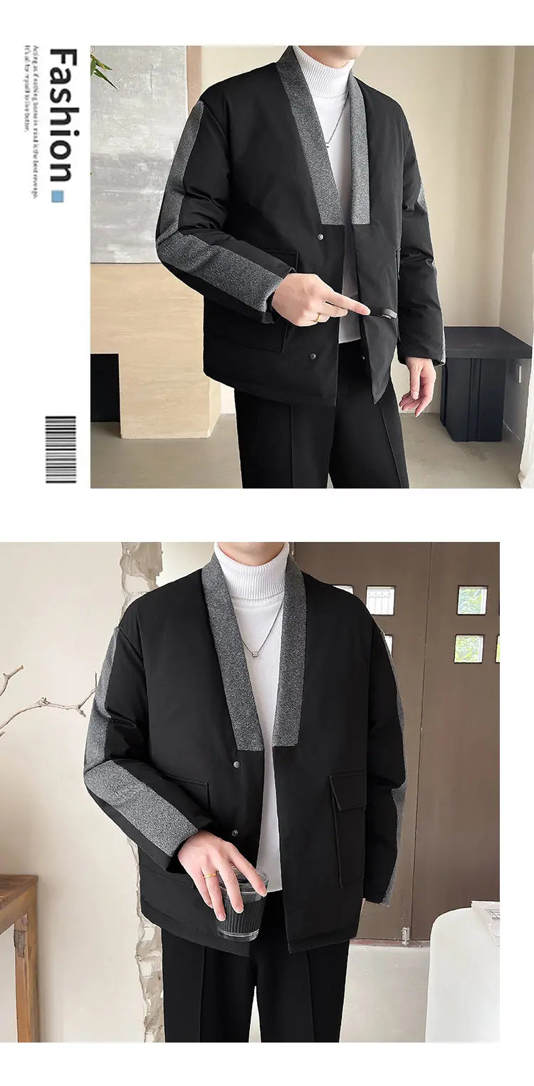 2024 Winter Collarless Cotton-padded Jacket Men Japanese Korean Fashion Loose Casual Thicken Warm Parkas Jacket Cityboy Coat