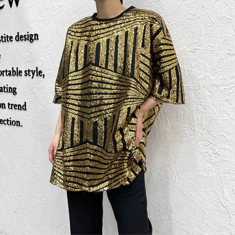 Y2k Anime panel – Mens T Shirt Gold Sequin Performance Costumes Fashion Street