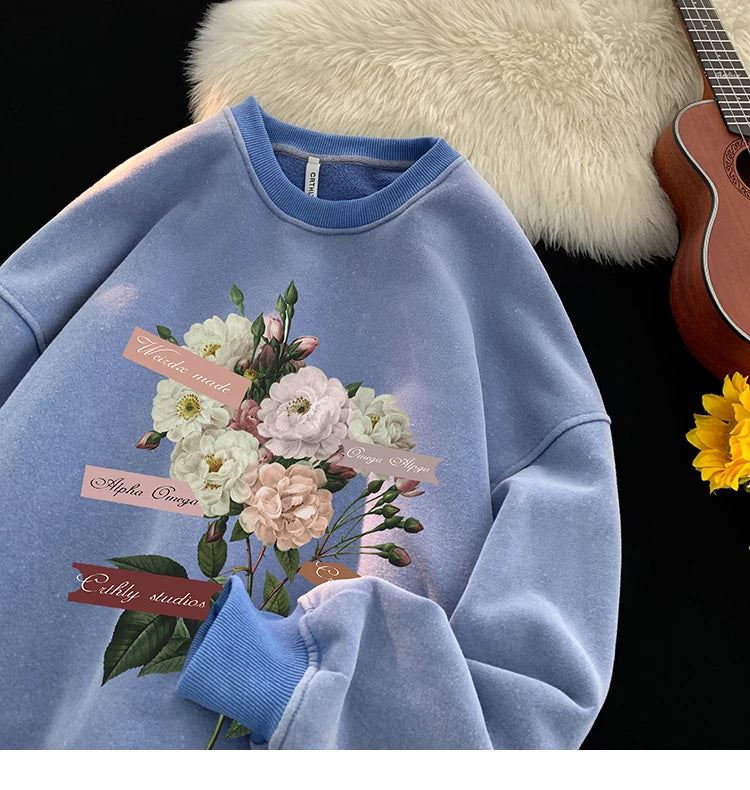 Vintage Floral Graphic Men Sweatshirt Spring Autumn Gothic Round Neck Pullover Hip Hop Streetwear Y2k Sweatshirts