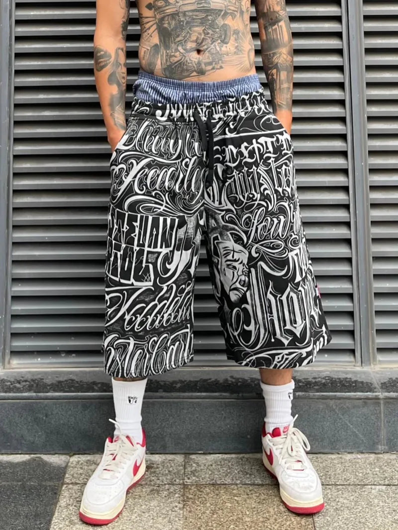 hip hop sweatpants mens pants streetwear harajuku printed drawstring capris pants fashion loose trousers casual baggy joggers unique joggers style 2611