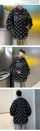 checkered varsity coat, layered streetwear look, trendy