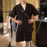 Men  Casual Suit Trendy New Neutral Solid Blazer Collar Shirts LGBT Design Short-sleeved Blouse Shorts Two-piece Set