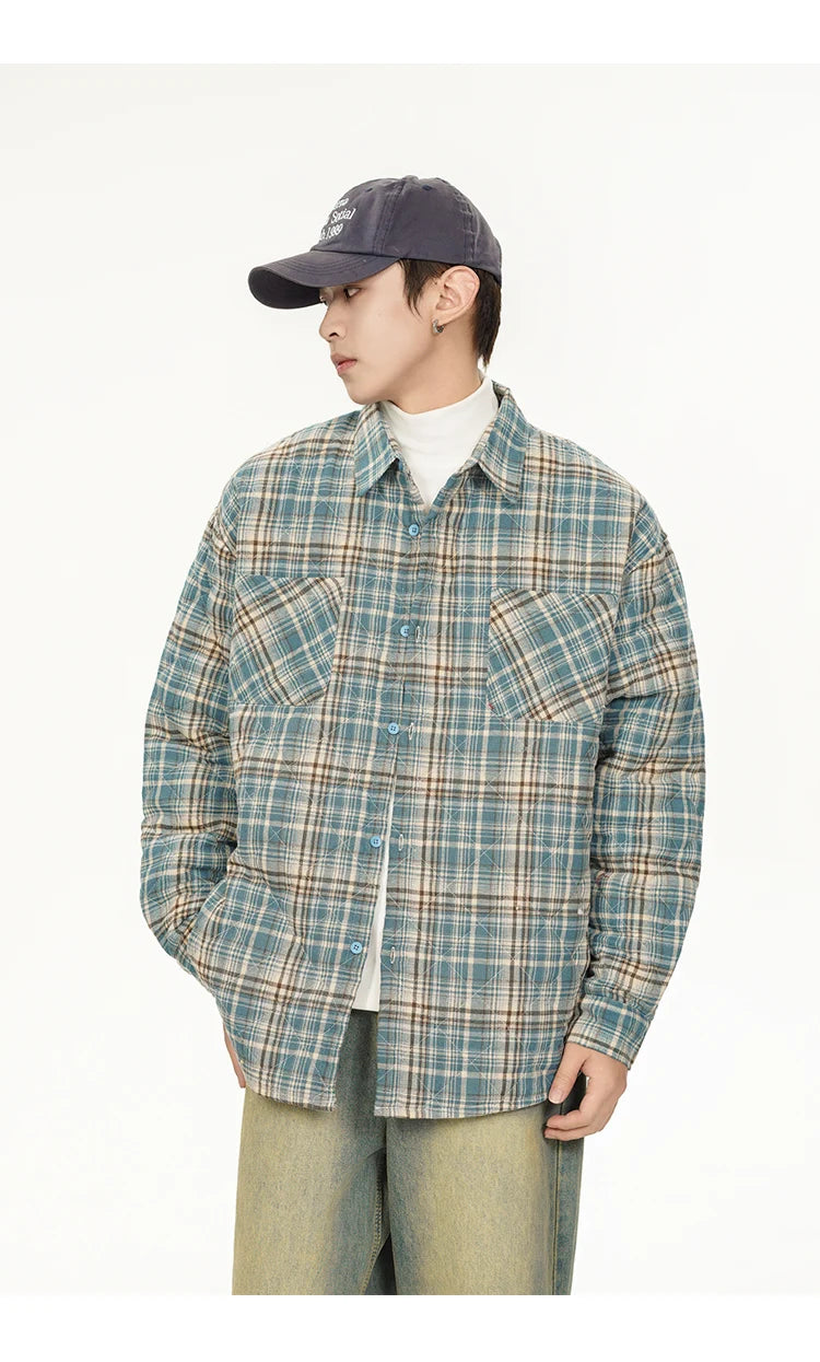 Autumn Winter Men Streetwear Fashion Loose Casual Oversize Plaid Cotton-padded Shirt Style Parkas Jacket Campus Couple Coat