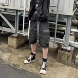 ro style ribbons streetwear multi pockets cargo short for men elastic waist wide leg baggy jeans knee length pants loose overall unique cargo style 4481