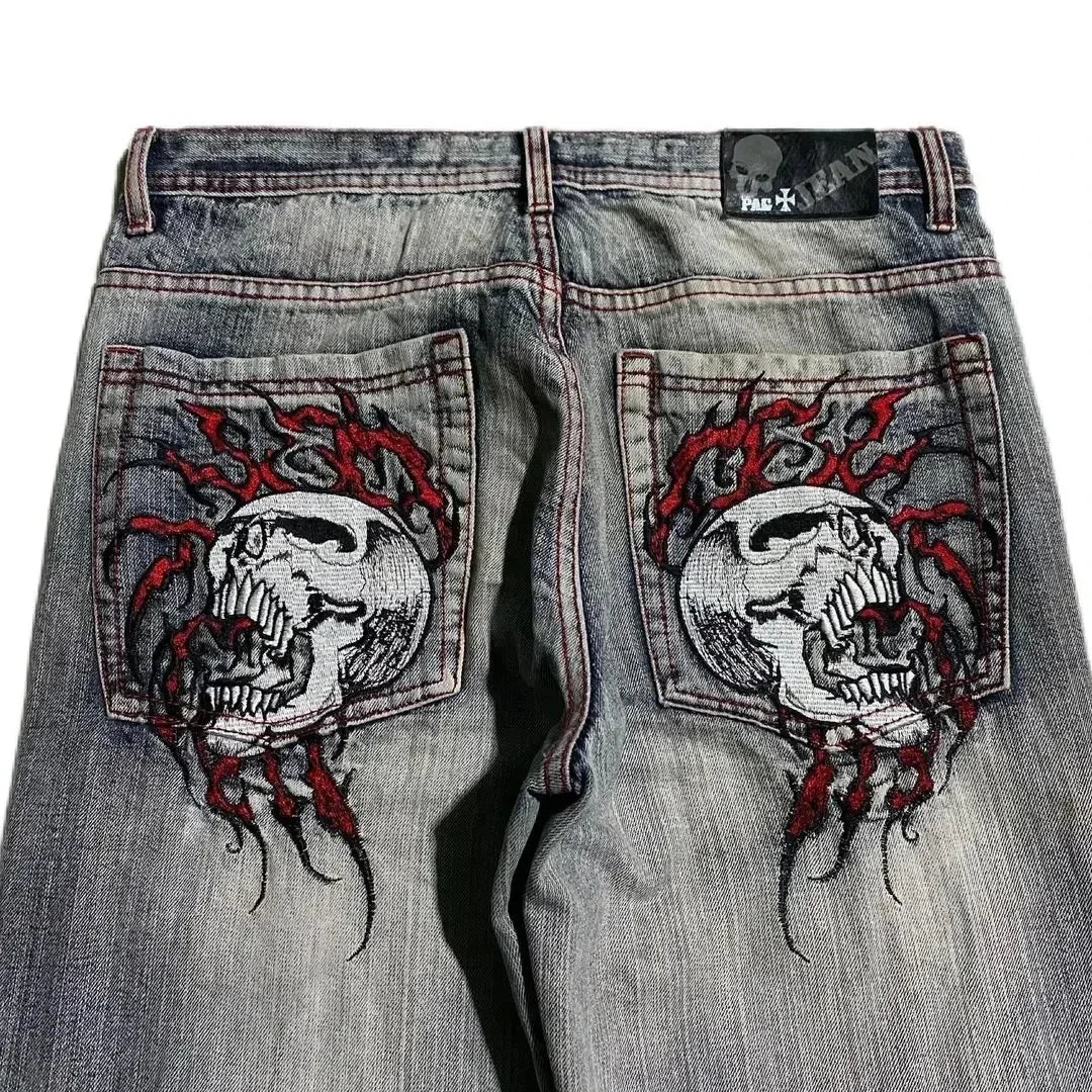 goth hip hop oversized skull embroidery pattern y2k baggy jeans new men and women straight black jeans retro casual denim pants unique jeans style 922