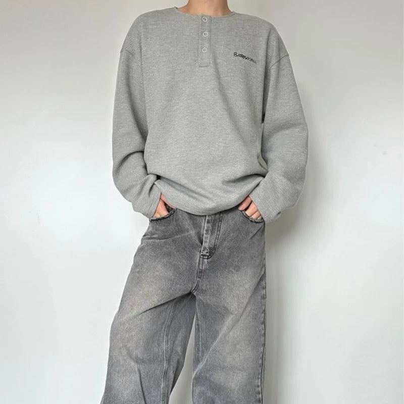 Trendy Korean Style Personalized Floral Gray Waffle Print Long-sleeved Autumn American Men's Women's Y2K Round Neck Sweatshirt