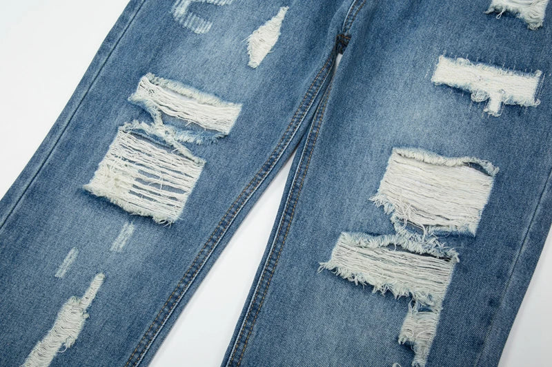 Harajuku Frayed Hole Straight Washed Retro Baggy Men's Jeans High Street Ripped Hip Hop Casual Oversized Denim Trousers