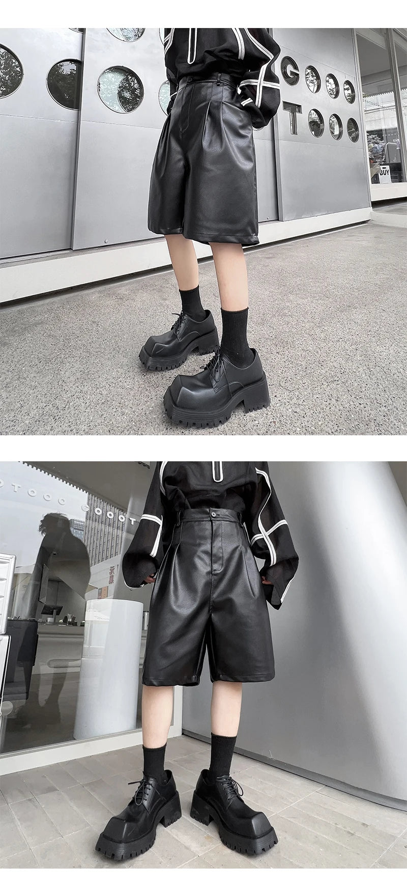 men japanses korean streetwear fashion hip hop loose casual dark black wide leg leather shorts male short pant unique shorts style 924