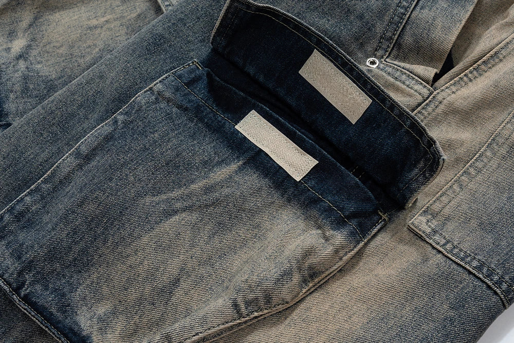 RO Style Gradient Ribbons Multi-pockets Drawstring Jeans for Men Harajuku Streetwear Baggy Y2K Denim Trousers Oversized Cargos