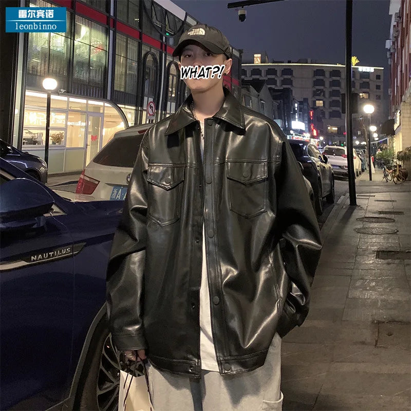 2023 Spring New Light Luxury Fashion Jacket Men's Loose Casual Tooling Leather Jacket Retro Motorcycle Leather Men's Boutique