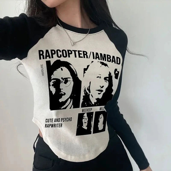 Harajuku Vintage print – Y2K Clothes Long Sleeve T Shirt Autumn Woman Black White Gra