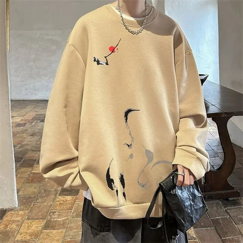 Ink Painting Cartoon Crane Printed Pullover Hoodies For Men 2024 New H