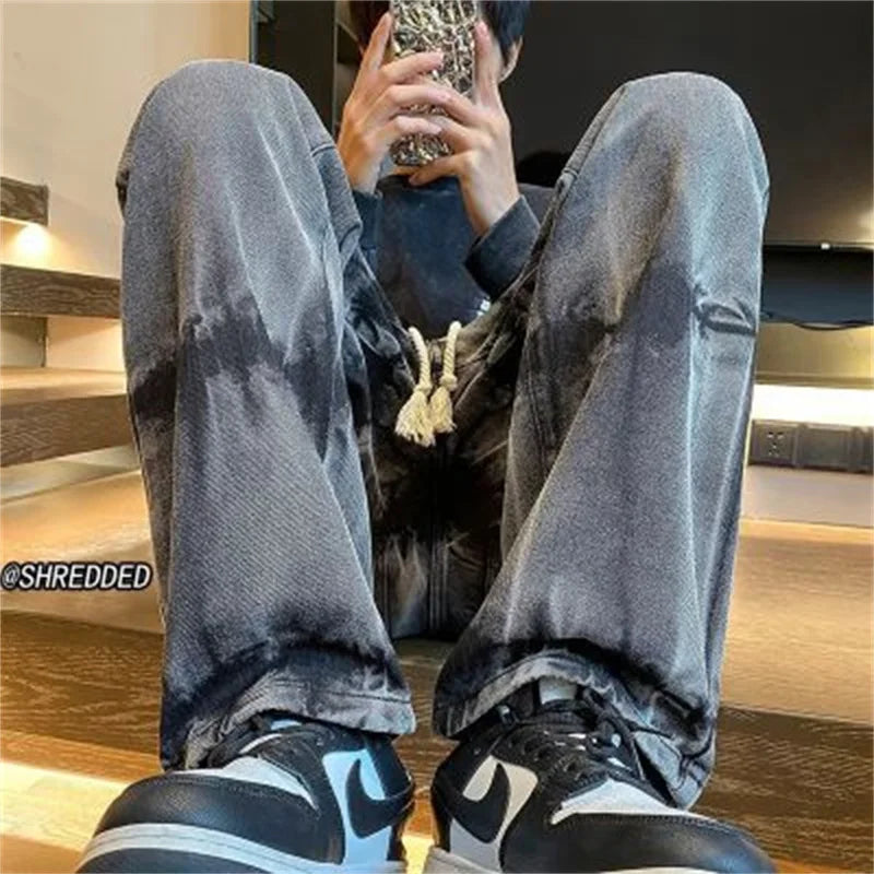 2025 new tie dye retro drawstring jeans for men baggy high street straight pants hip hop fashion casual y2k jean hombre pantalon urban skinny jeans