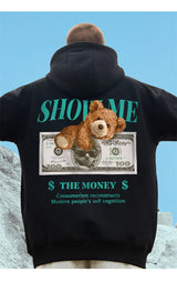 Money Bear Print Fleece Hoodies For Men Autumn Hip Hop Hooded Sweatshirt