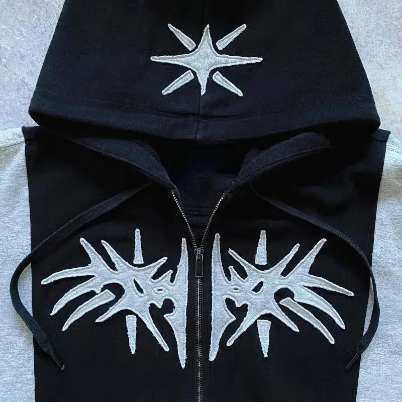 Vaporwave Drop – Y2K Patch Design Loose Zip Hoodies For Men Geometric Pattern – Streetwear Fashion for Men & Women