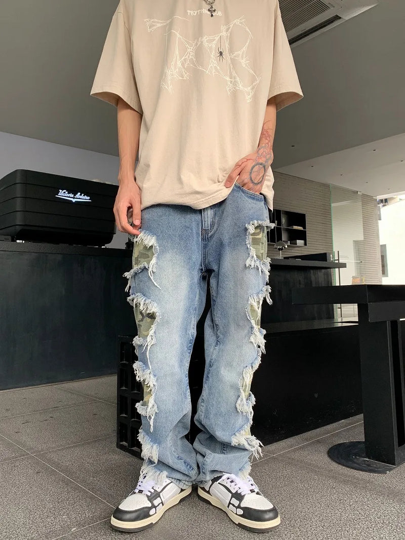 side destroyed ripped holes denim jeans pants mens casual patchwork camouflage loose straight joggers hip hop streetwear jeans unique joggers style 4077