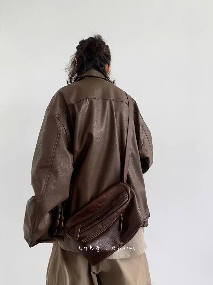 Retro Motorcycle Leather Jacket Men Woman Japanese Loose Streetwear Bomber Jackets Spring Autumn Casual PU Cargo Outwear Unisex