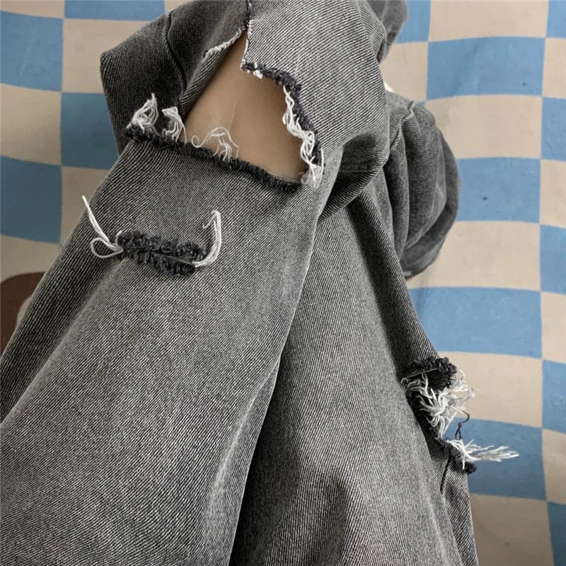 xpqbb vintage streetwear dark gray jeans women y2k high waist ripped denim trousers female 2022 new design loose wide leg pants unique jeans style 2800