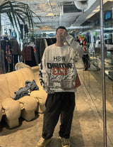 2024 Summer And Spring 123 Letter Print GYMGNO Graffiti Slogan Worn Retro Long Sleeve T Shirt Pullover Sweatshirt