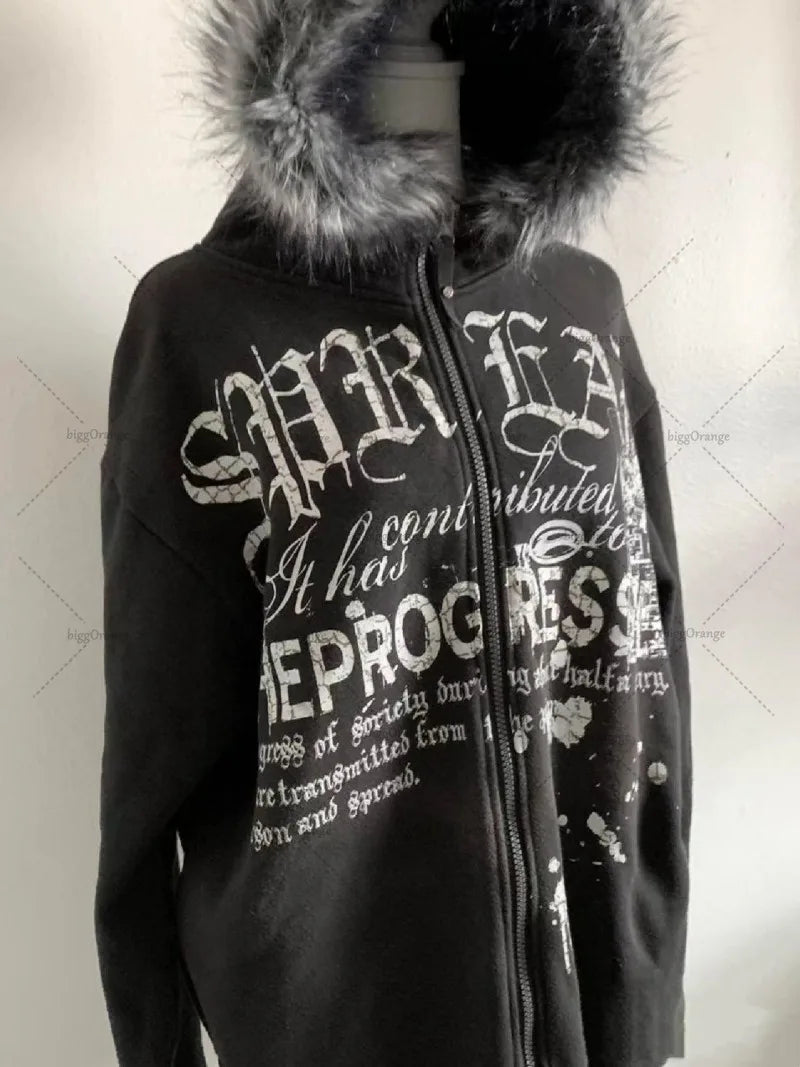 Harajuku Y2K Streetwear Jacket High Street Retro Fur Collar Zipper Hoo