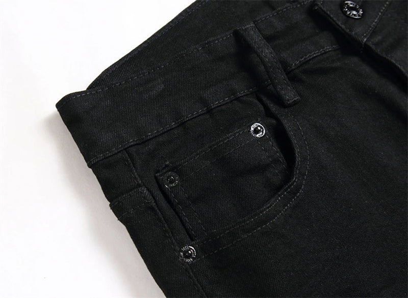 fashion ripped patchwork jeans men harajuku streetwear hip hop black jeans trend slim denim pants unique jeans style 343