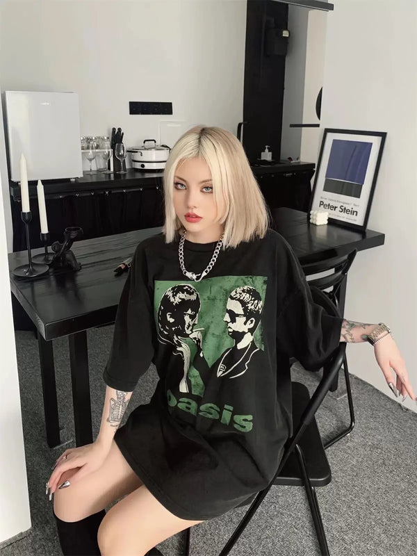 Y2K streetwear top featuring vintage rock band tee os washed old high street portrait print casual loose cotton couple tops t shirt for summer