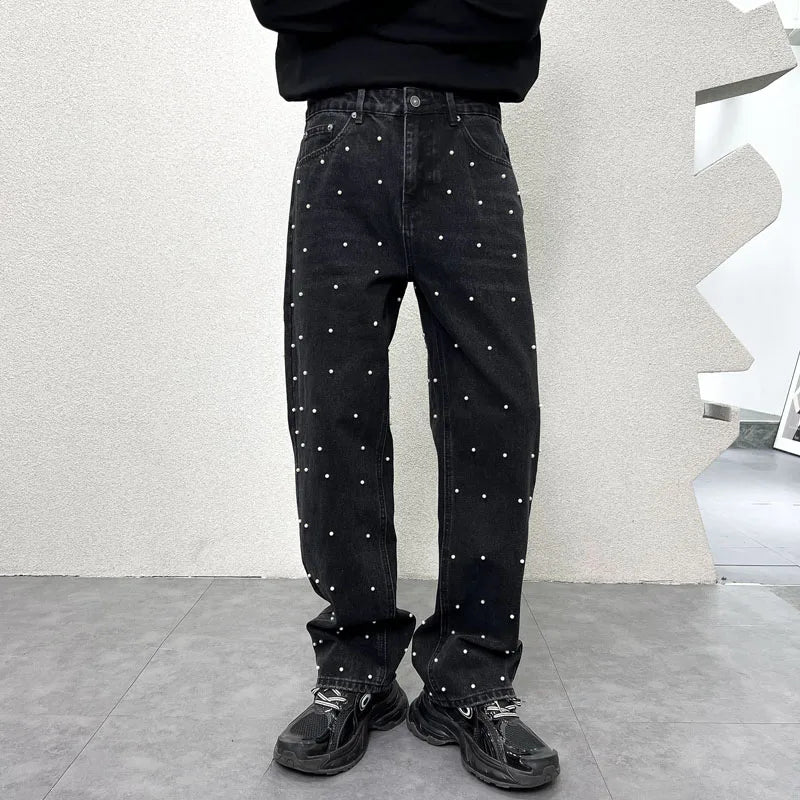 men bead streetwear fashion hip hop vibe loose casual wide leg straight denim jeans baggy pant man boyfriend jeans trousers unique jeans style 2998