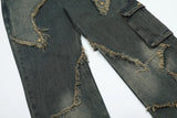 fashion patchwork frayed star denim straight jean pant men casual side pocket y2k trouser unisex hip hop streetwear jeans pants unique jeans style 402