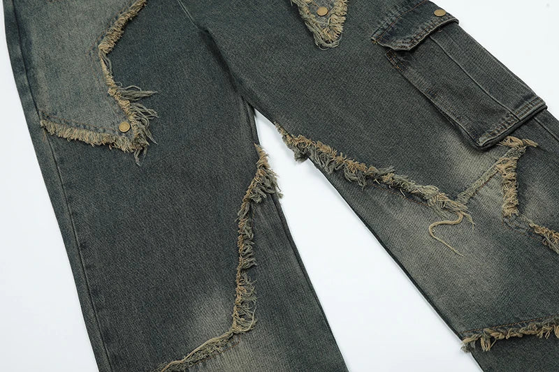 fashion patchwork frayed star denim straight jean pant men casual side pocket y2k trouser unisex hip hop streetwear jeans pants unique jeans style 402